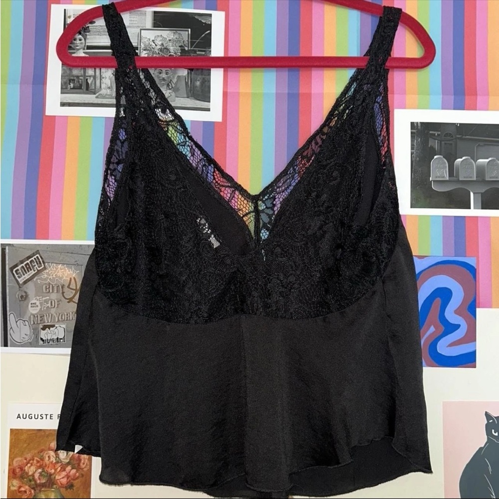 Intimately By Free People, Black Silky Tank Top With Lace Detail Size XS ￼